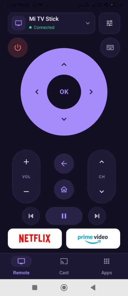 Wifi TV Remote showing Mi TV Stick connected, with Netflix and Prime Video